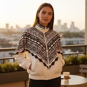 Vintage Lavon Jacket Womens‎ Small White Black Geometric Print Windbreaker 90s
